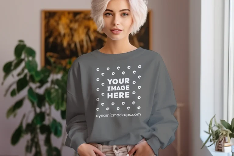 Woman Wearing Dark Gray Sweatshirt Mockup Front View Template