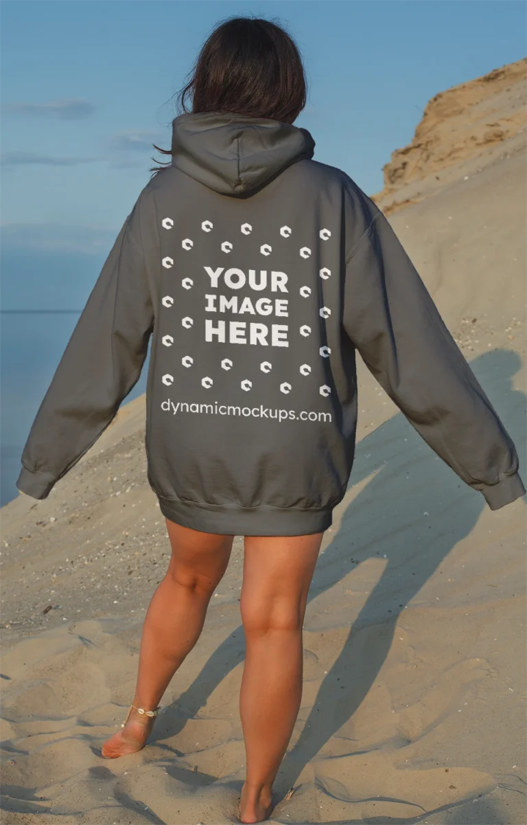 Woman Wearing Dark Gray Hoodie Mockup Back View Template