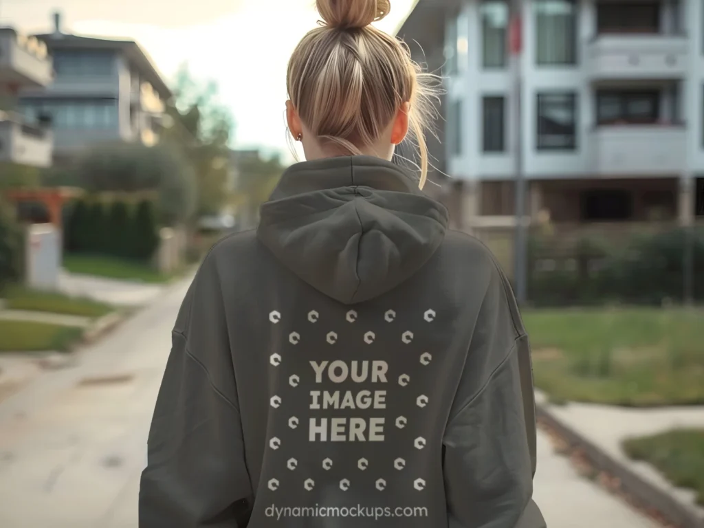 Woman Wearing Dark Gray Hoodie Mockup Back View Template