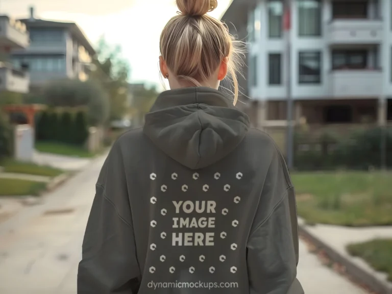 Woman Wearing Dark Gray Hoodie Mockup Back View Template