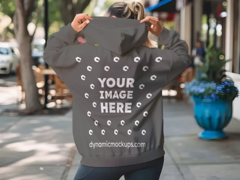 Woman Wearing Dark Gray Hoodie Mockup Back View Template