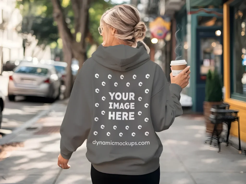 Woman Wearing Dark Gray Hoodie Mockup Back View Template