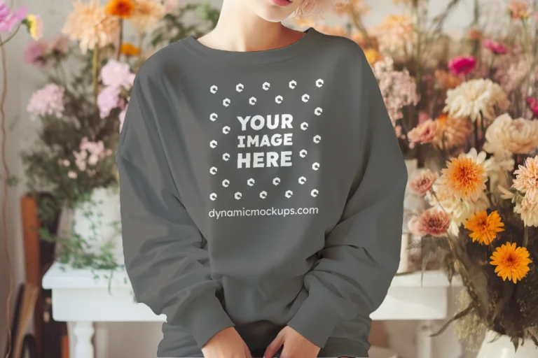 Woman Wearing Dark Gray Sweatshirt Mockup Front View Template