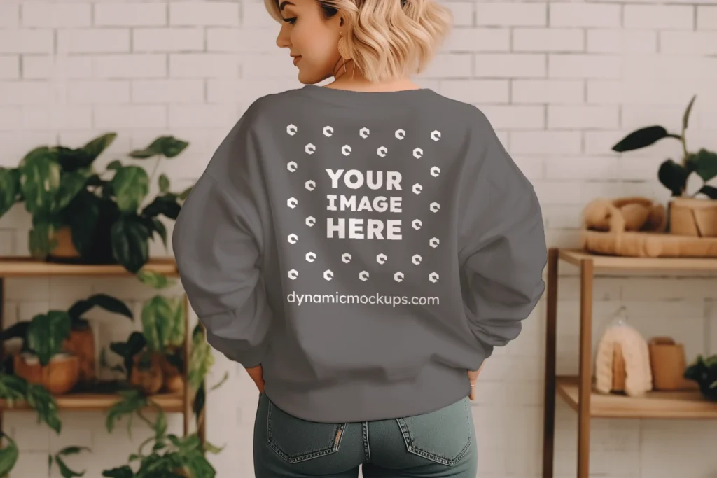 Woman Wearing Dark Gray Sweatshirt Mockup Back View Template