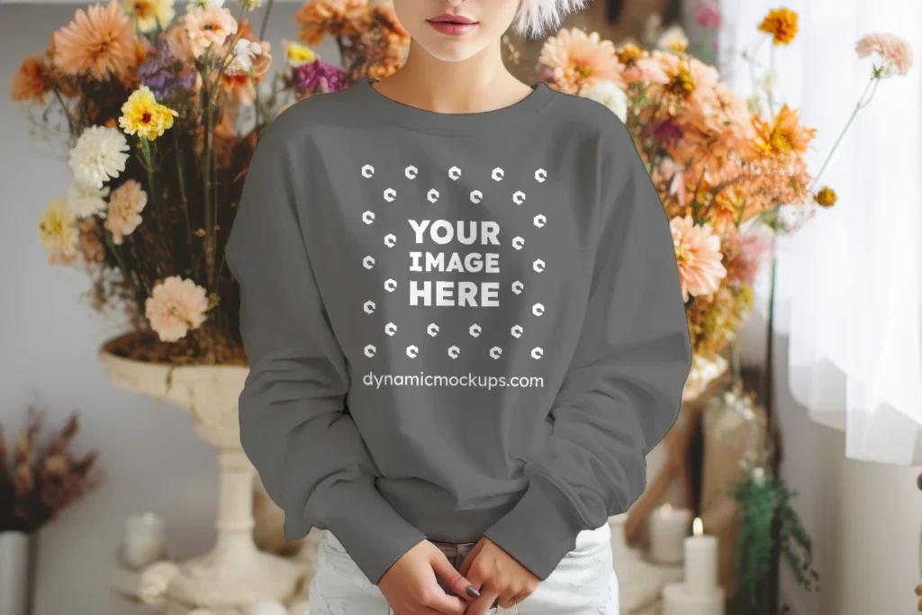 Woman Wearing Dark Gray Sweatshirt Mockup Front View Template