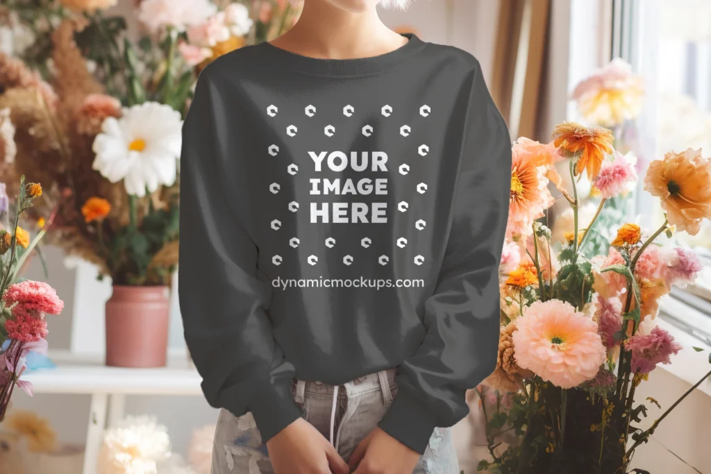 Woman Wearing Dark Gray Sweatshirt Mockup Front View Template