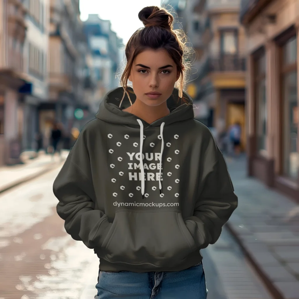 Woman Wearing Dark Gray Hoodie Mockup Front View Template