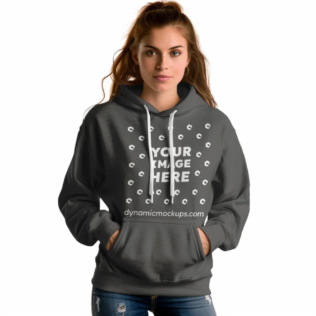 Woman Wearing Dark Gray Hoodie Mockup Front View Template