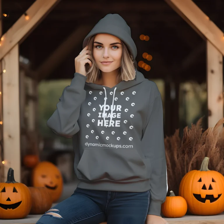 Woman Wearing Dark Gray Hoodie Mockup Front View Template