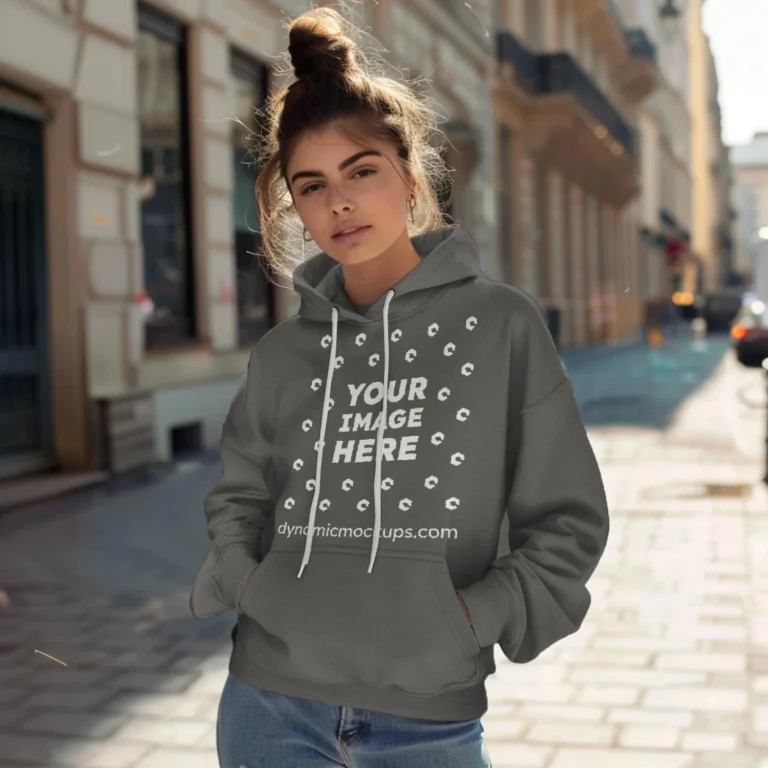 Woman Wearing Dark Gray Hoodie Mockup Front View Template