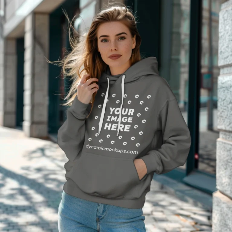 Woman Wearing Dark Gray Hoodie Mockup Front View Template