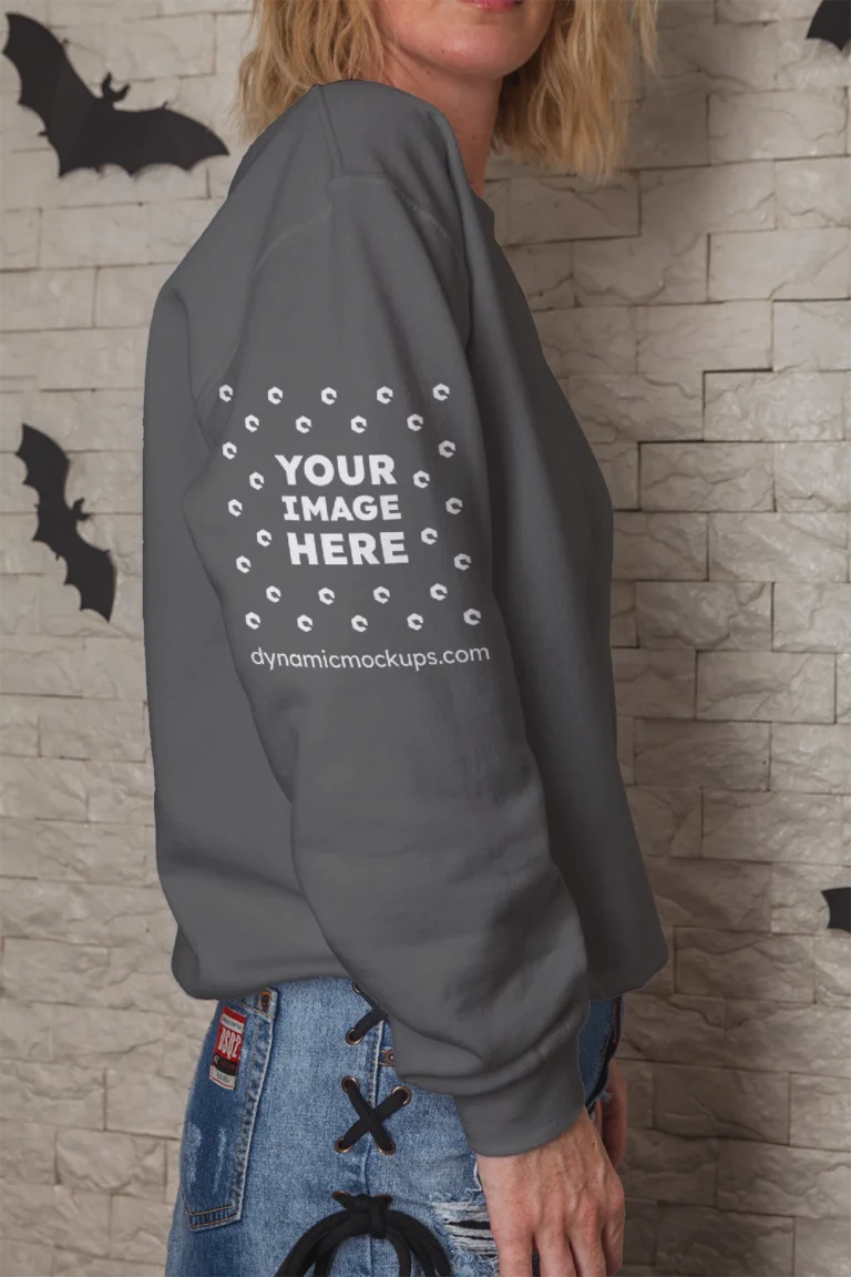 Woman Wearing Dark Gray Hoodie Mockup Side View Template