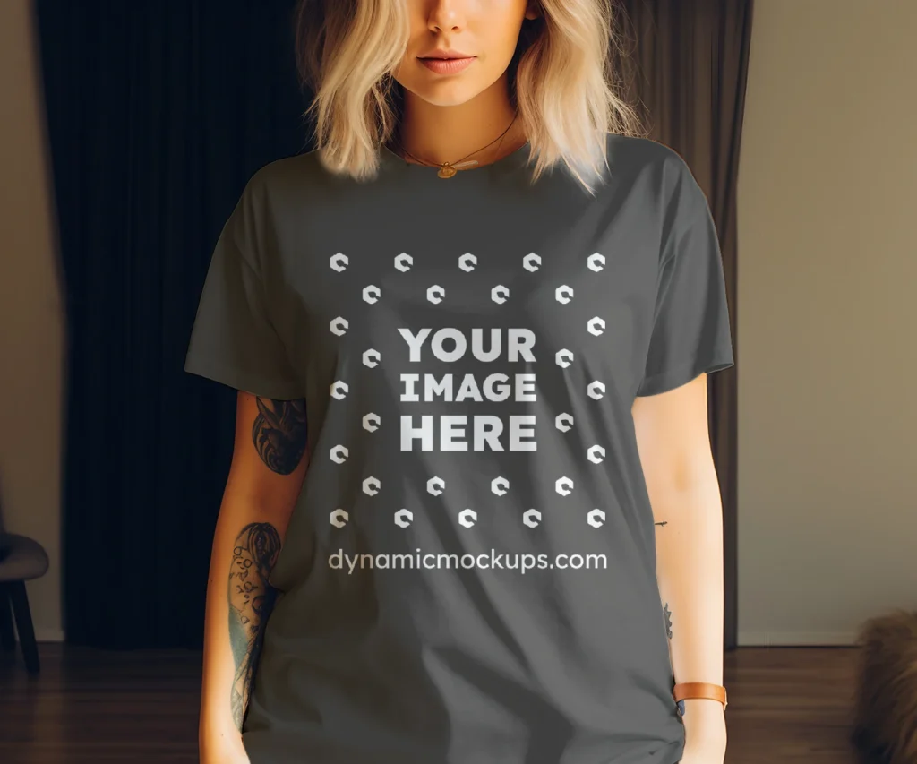 Woman Wearing Dark Gray T-shirt Mockup Front View Template