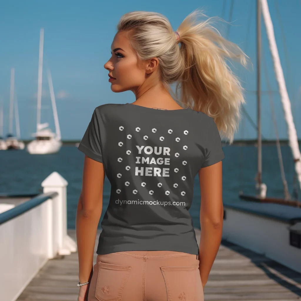 Woman Wearing Dark Gray T-shirt Mockup Back View Template