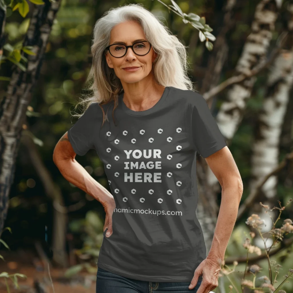 Woman Wearing Dark Gray T-shirt Mockup Front View Template