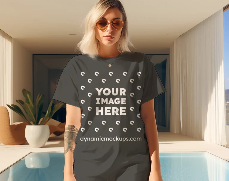 Woman Wearing Dark Gray T-shirt Mockup Front View Template