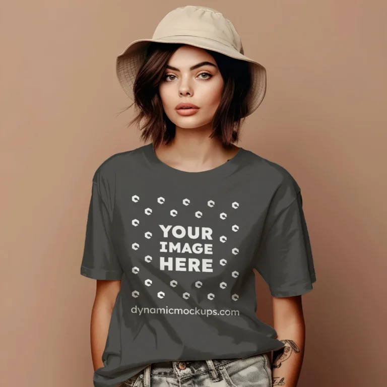 Woman Wearing Dark Gray T-shirt Mockup Front View Template