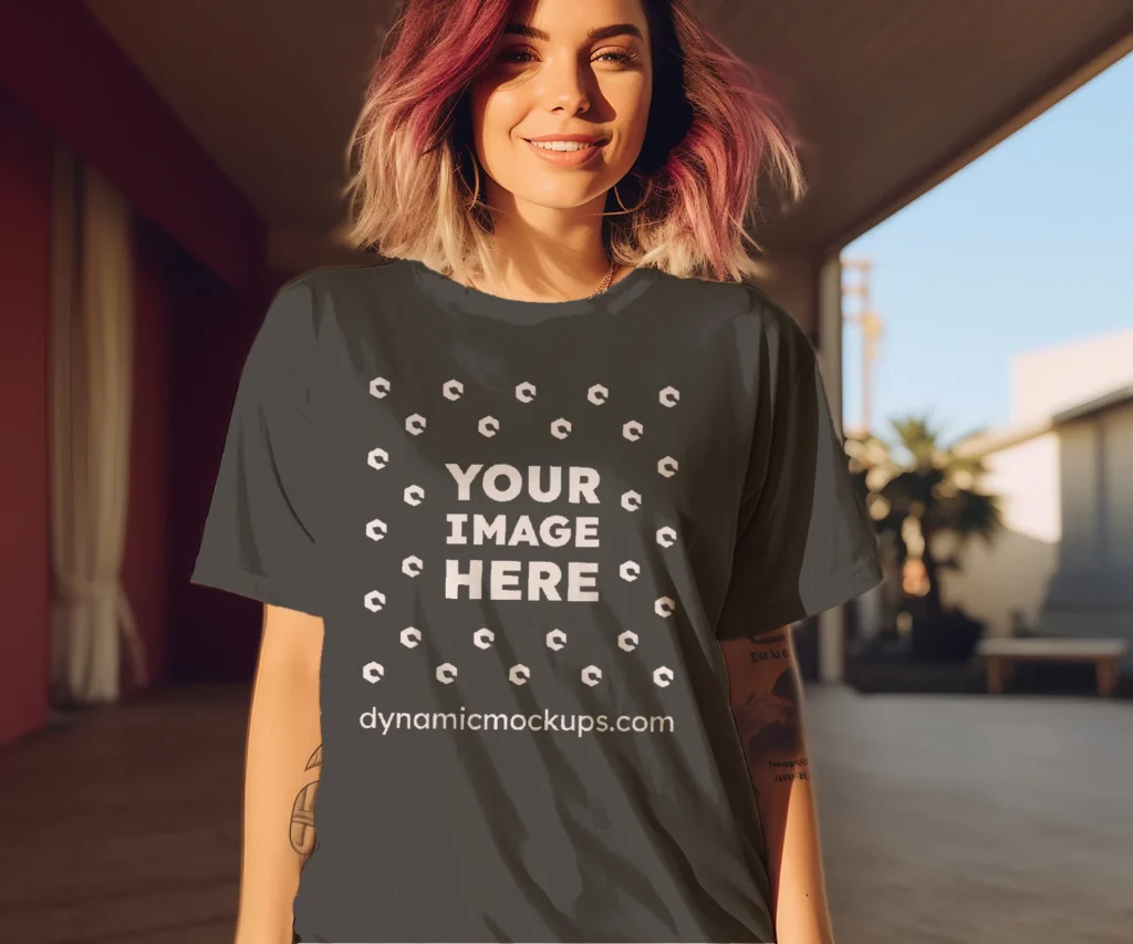 Woman Wearing Dark Gray T-shirt Mockup Front View Template