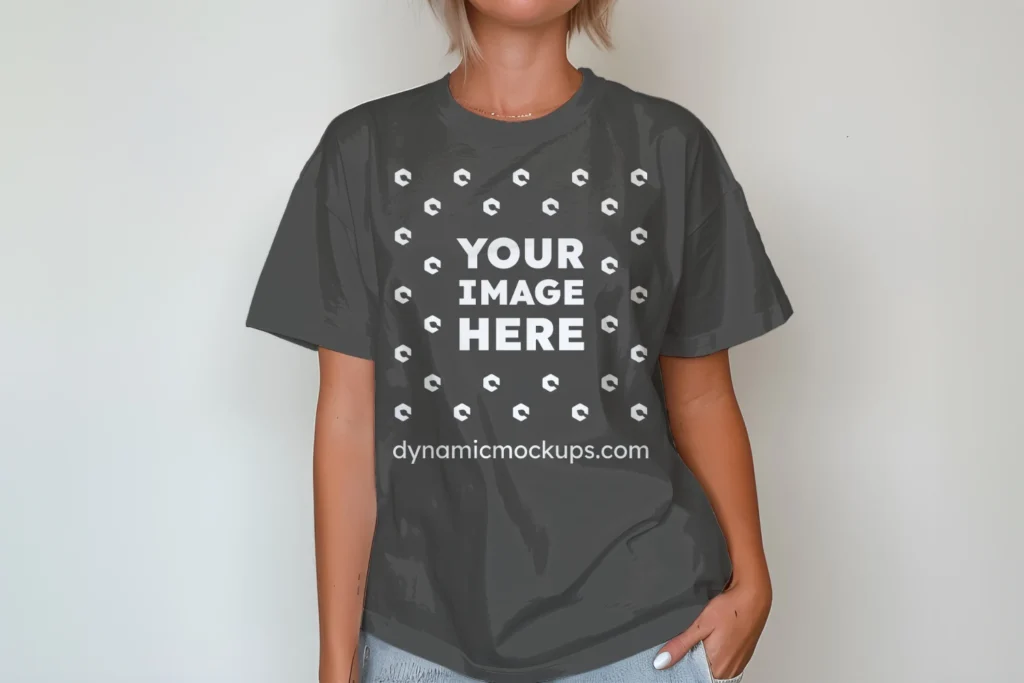 Woman Wearing Dark Gray T-shirt Mockup Front View Template