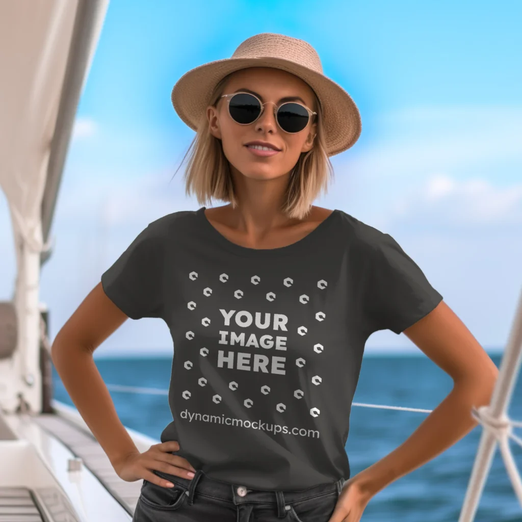 Woman Wearing Dark Gray T-shirt Mockup Front View Template