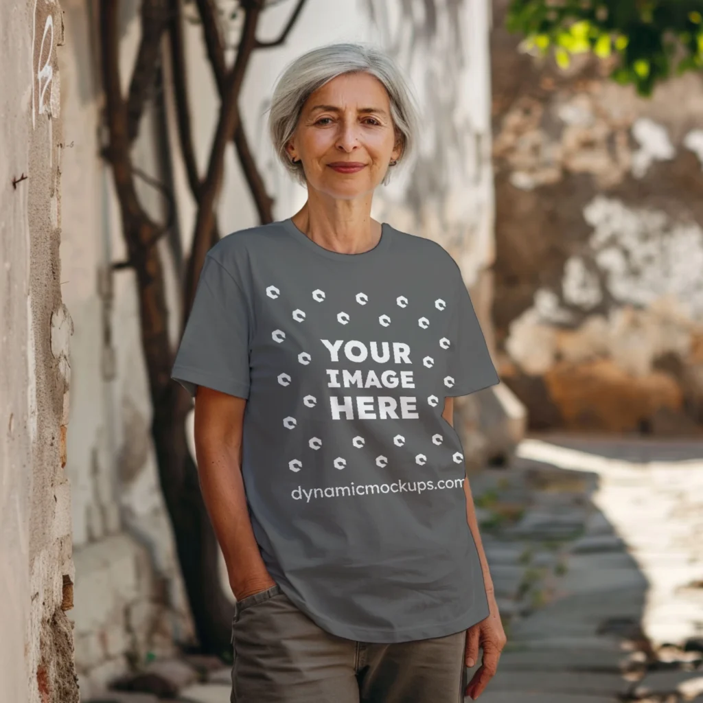 Woman Wearing Dark Gray T-shirt Mockup Front View Template