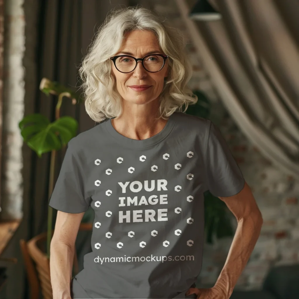 Woman Wearing Dark Gray T-shirt Mockup Front View Template