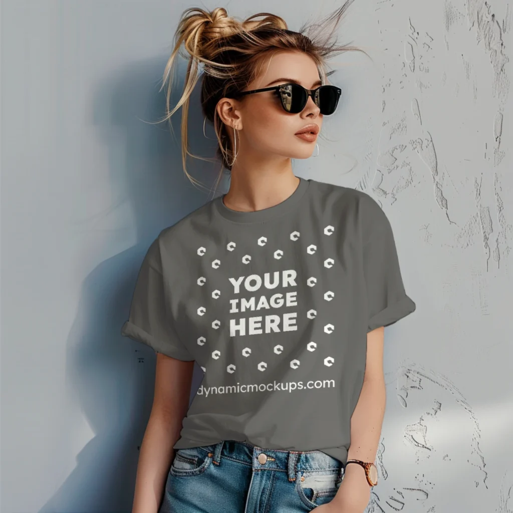 Woman Wearing Dark Gray T-shirt Mockup Front View Template