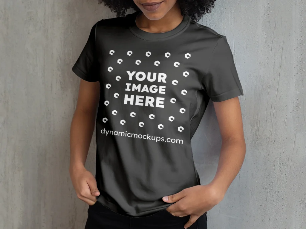 Woman Wearing Dark Gray T-shirt Mockup Front View Template