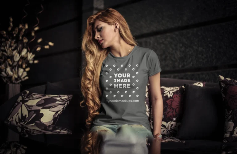 Woman Wearing Dark Gray T-shirt Mockup Front View Template