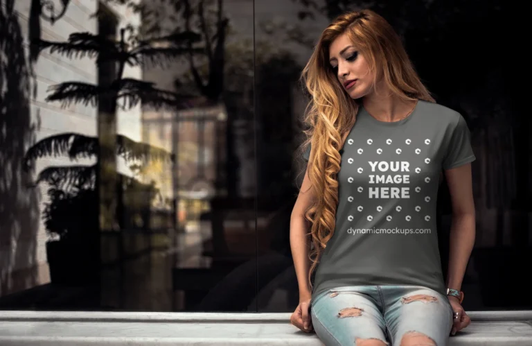 Woman Wearing Dark Gray T-shirt Mockup Front View Template