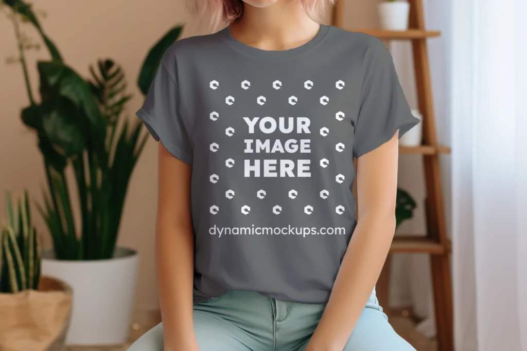 Woman Wearing Dark Gray T-shirt Mockup Front View Template