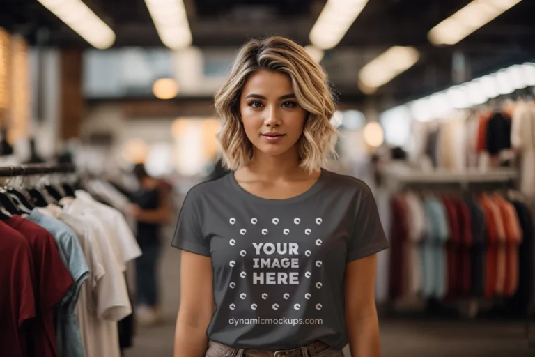 Woman Wearing Dark Gray T-shirt Mockup Front View Template