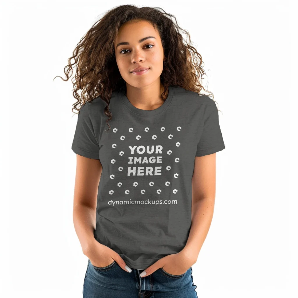 Woman Wearing Dark Gray T-shirt Mockup Front View Template