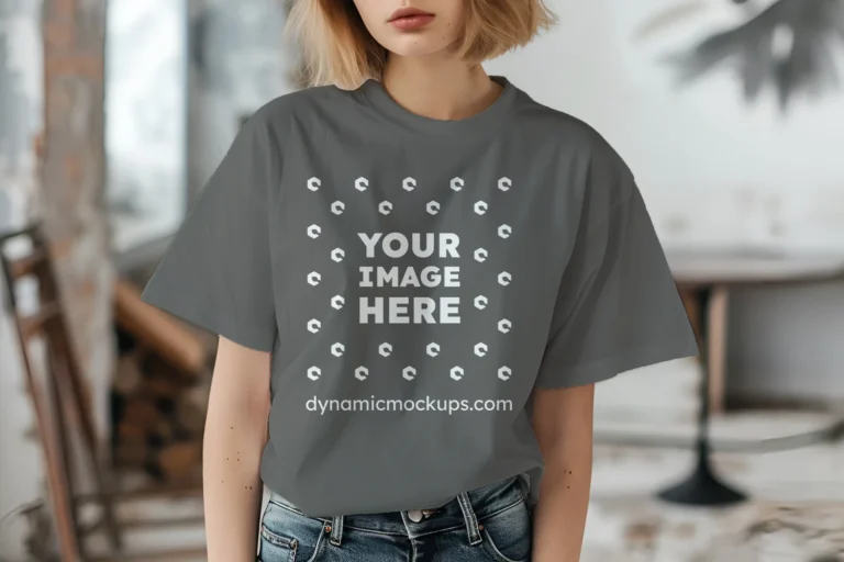 Woman Wearing Dark Gray T-shirt Mockup Front View Template