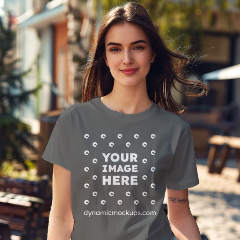 Woman Wearing Dark Gray T-shirt Mockup Front View Template