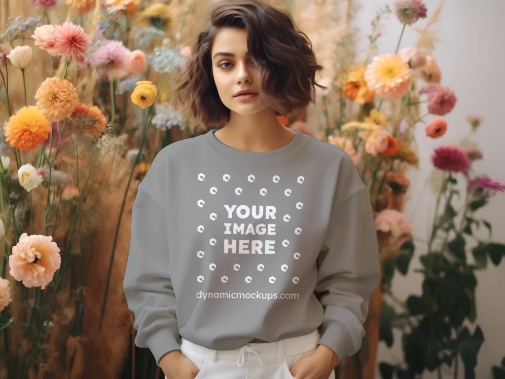 Woman Wearing Gray Sweatshirt Mockup Front View Template