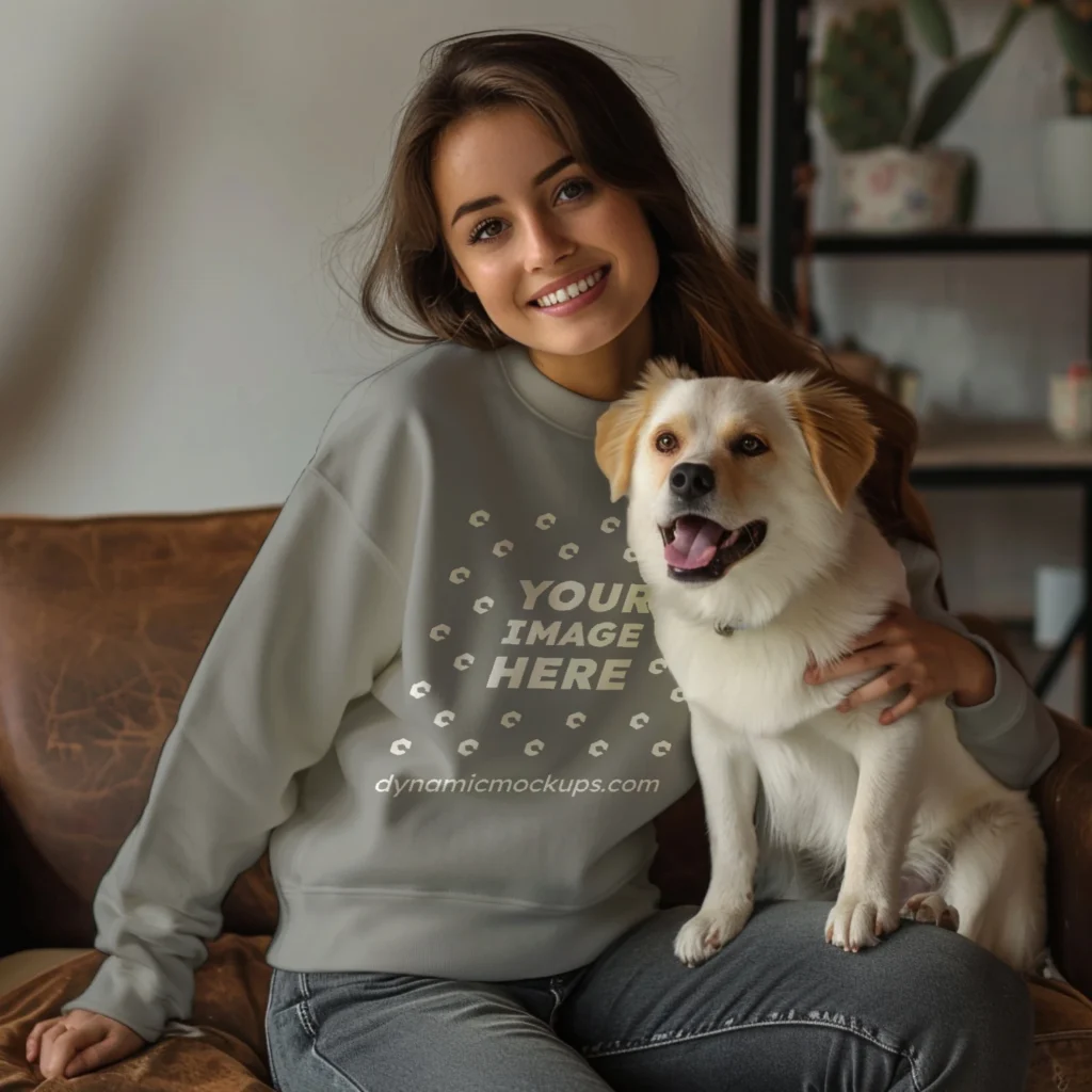 Woman Wearing Gray Sweatshirt Mockup Front View Template