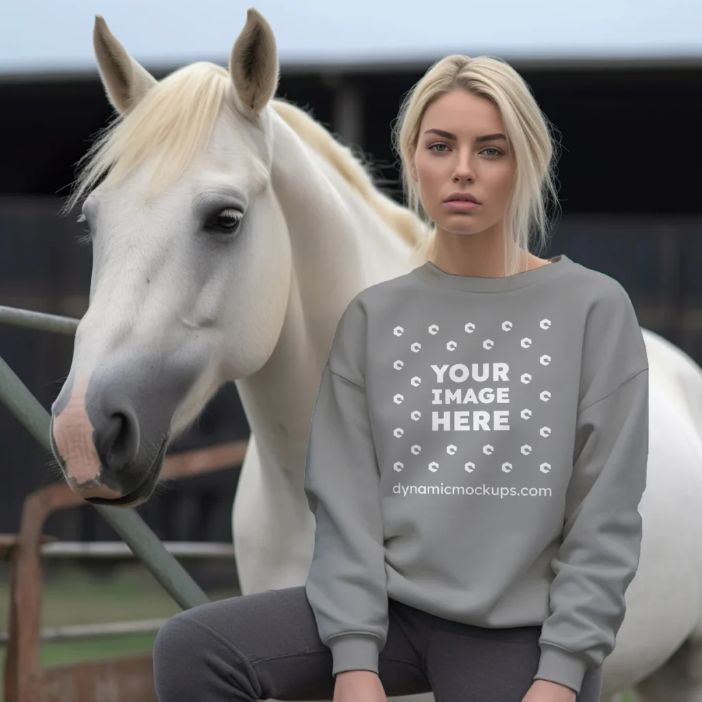 Woman Wearing Gray Sweatshirt Mockup Front View Template