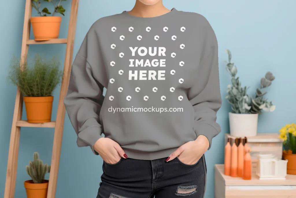 Woman Wearing Gray Sweatshirt Mockup Front View Template