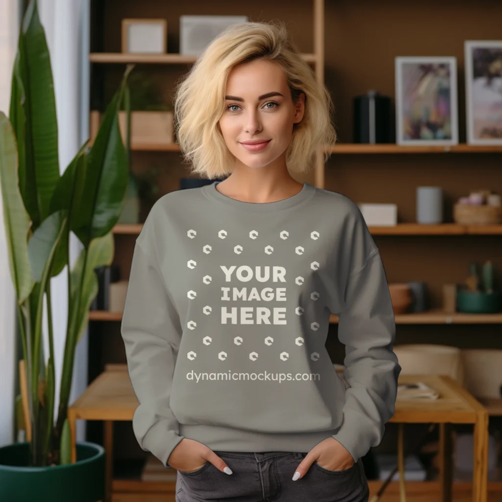 Woman Wearing Gray Sweatshirt Mockup Front View Template