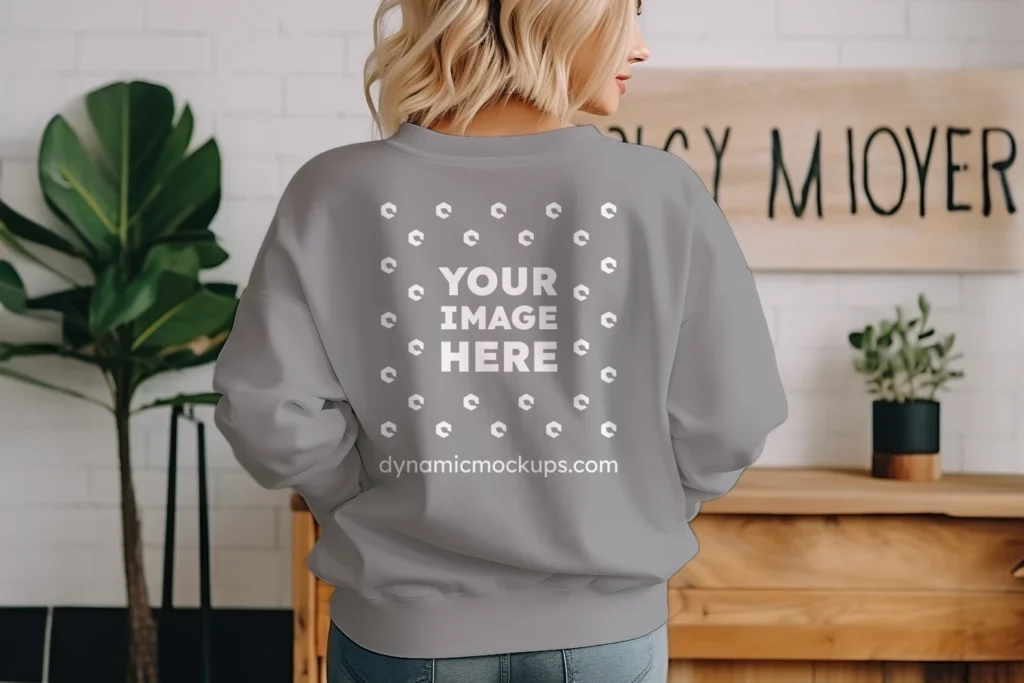 Woman Wearing Gray Sweatshirt Mockup Back View Template