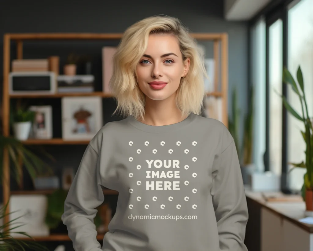 Woman Wearing Gray Sweatshirt Mockup Front View Template