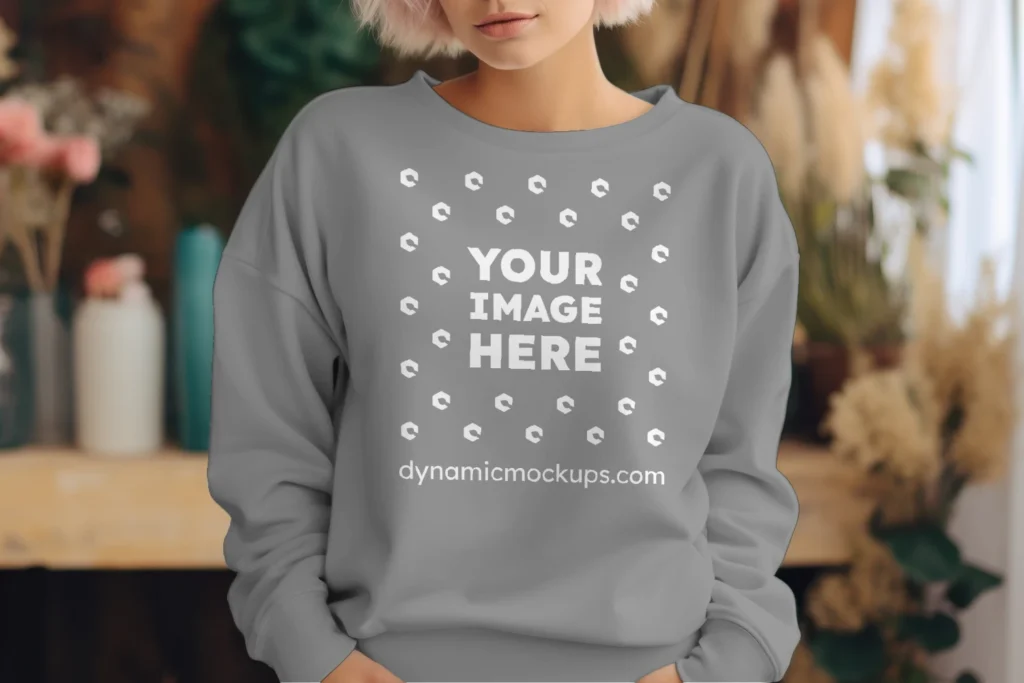 Woman Wearing Gray Sweatshirt Mockup Front View Template