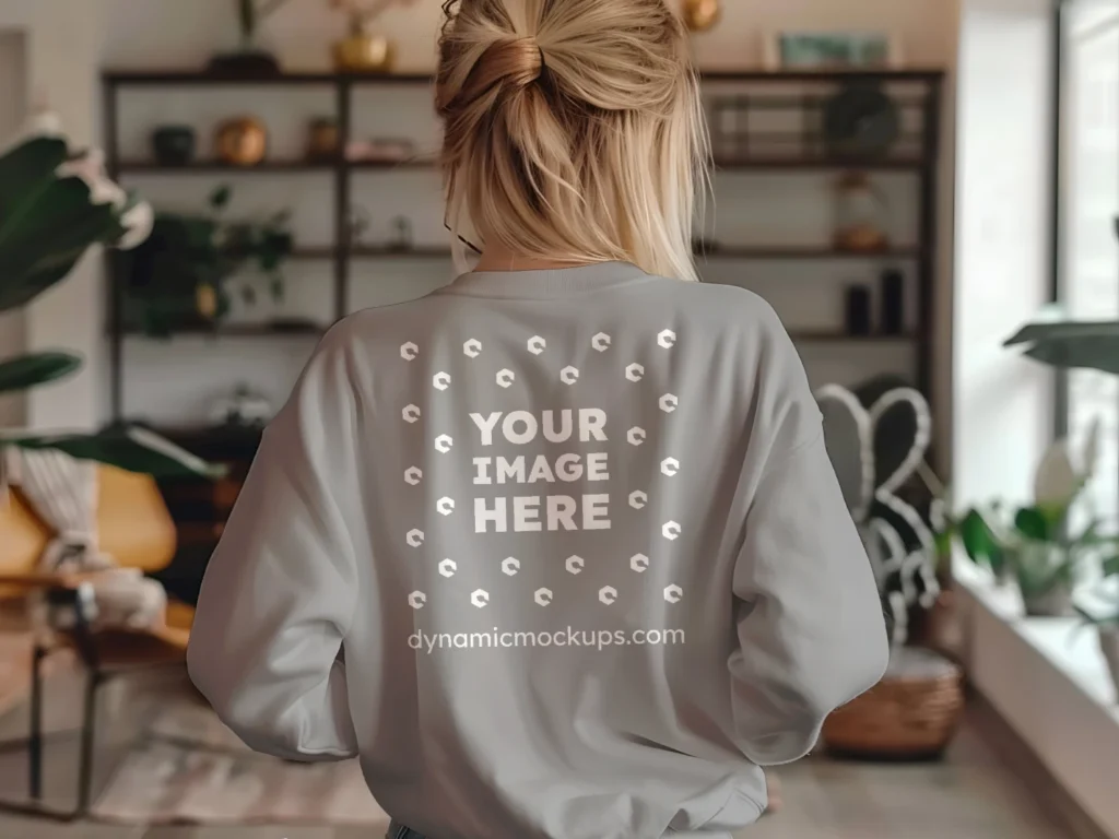 Woman Wearing Gray Sweatshirt Mockup Back View Template