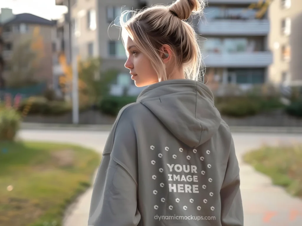 Woman Wearing Gray Hoodie Mockup Back View Template