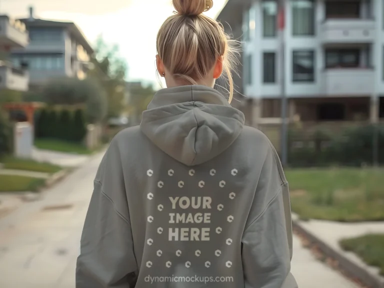 Woman Wearing Gray Hoodie Mockup Back View Template