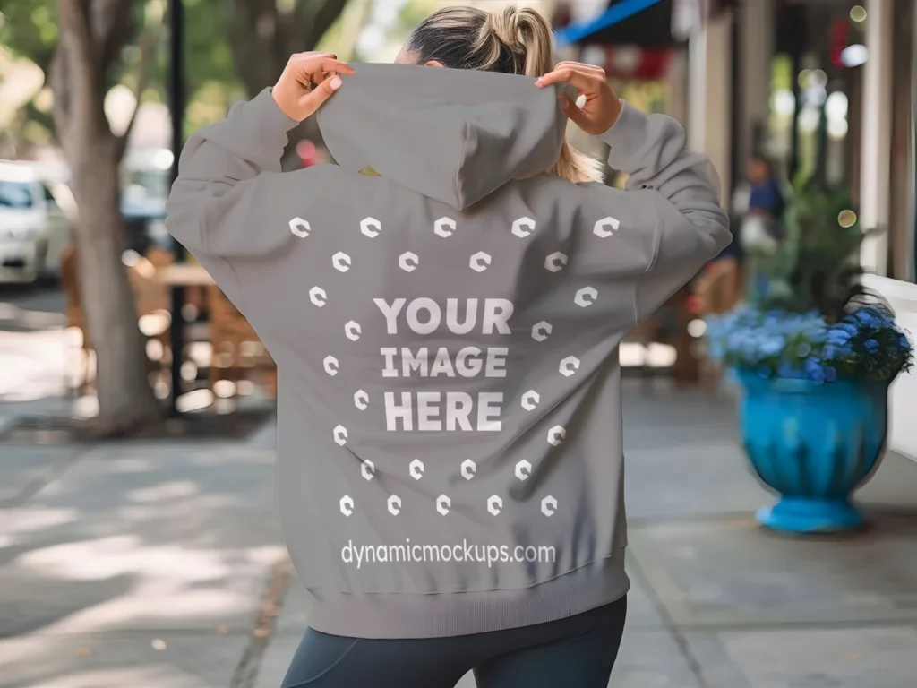 Woman Wearing Gray Hoodie Mockup Back View Template