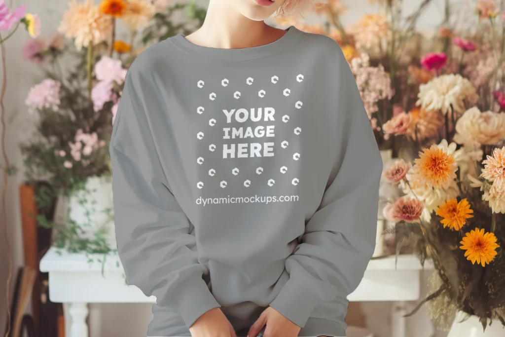 Woman Wearing Gray Sweatshirt Mockup Front View Template