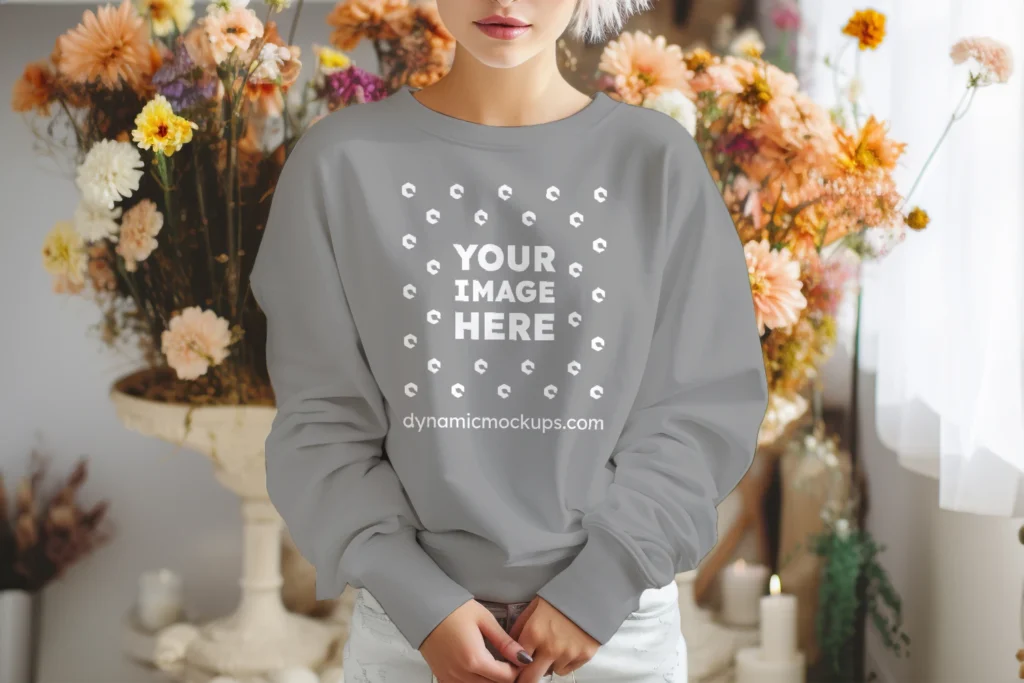 Woman Wearing Gray Sweatshirt Mockup Front View Template