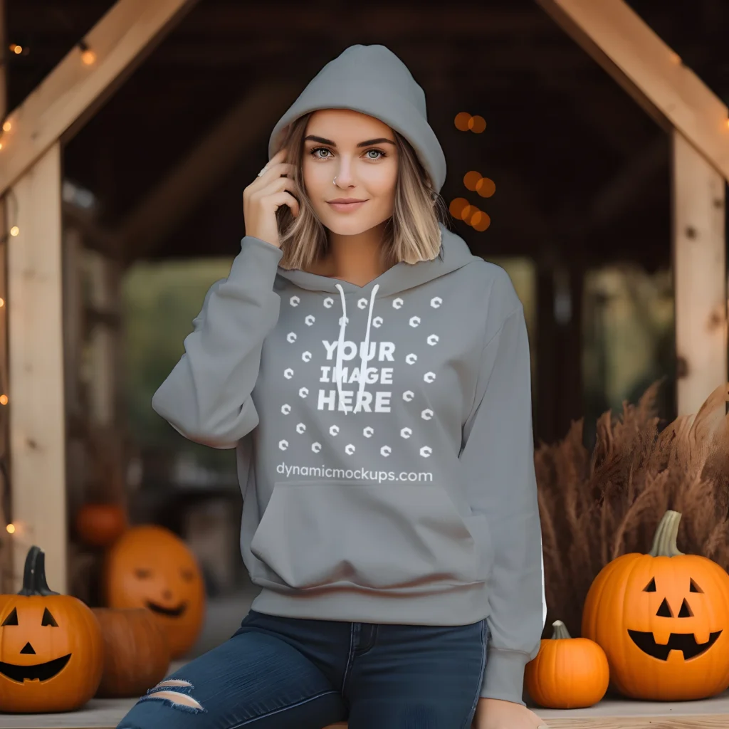 Woman Wearing Gray Hoodie Mockup Front View Template